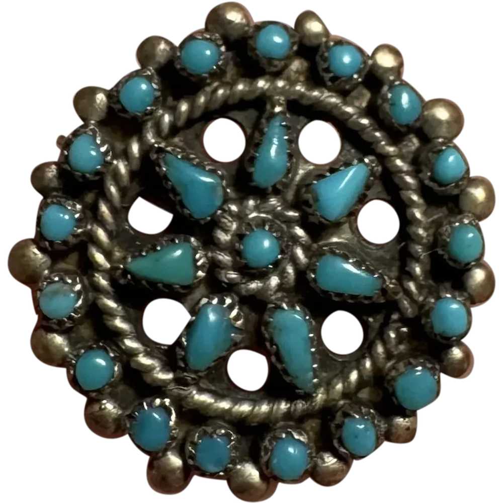 Zuni Sterling Silver Petit Point Turquoise Floral… - image 1