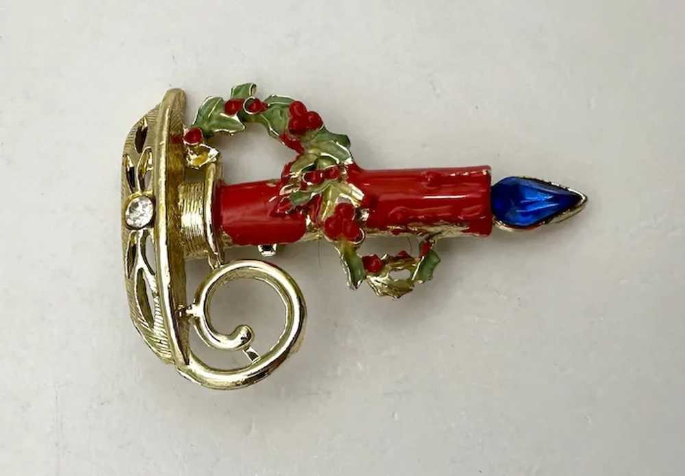 Red and Goldtone Christmas Candle Brooch with Pre… - image 10