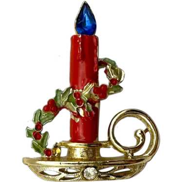 Red and Goldtone Christmas Candle Brooch with Pre… - image 1