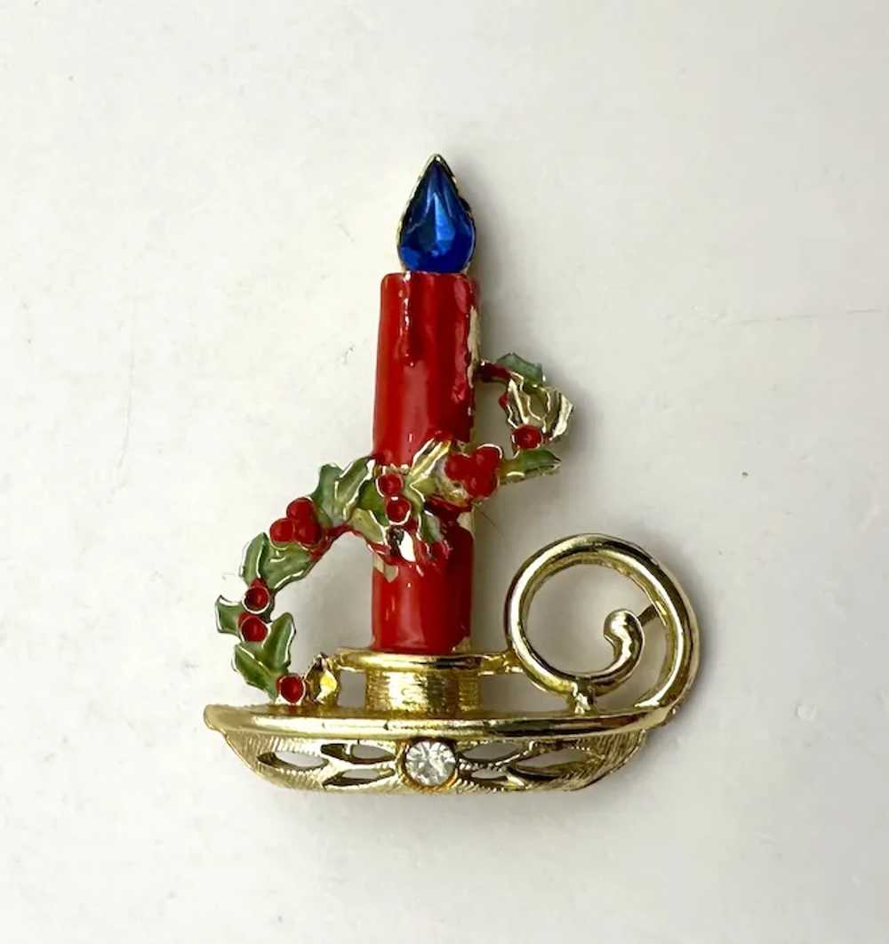 Red and Goldtone Christmas Candle Brooch with Pre… - image 2