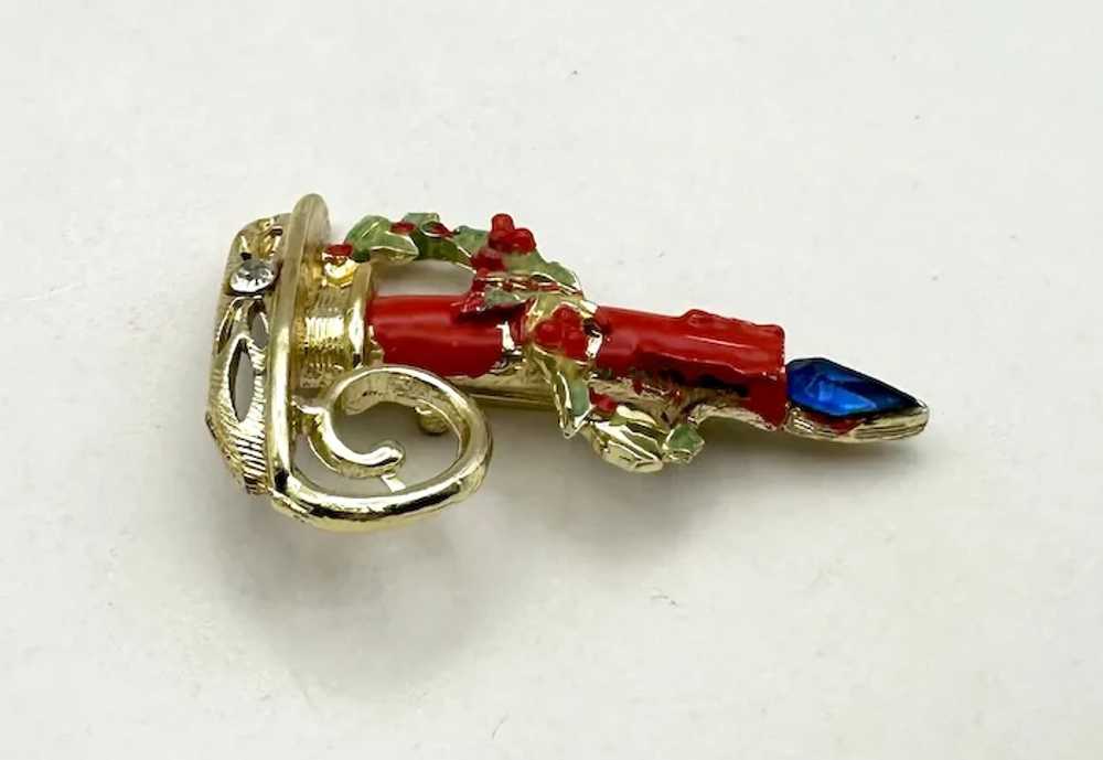 Red and Goldtone Christmas Candle Brooch with Pre… - image 3