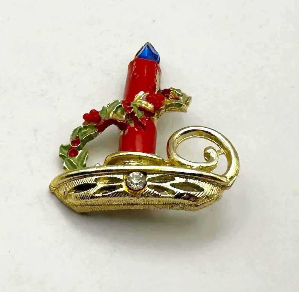 Red and Goldtone Christmas Candle Brooch with Pre… - image 4