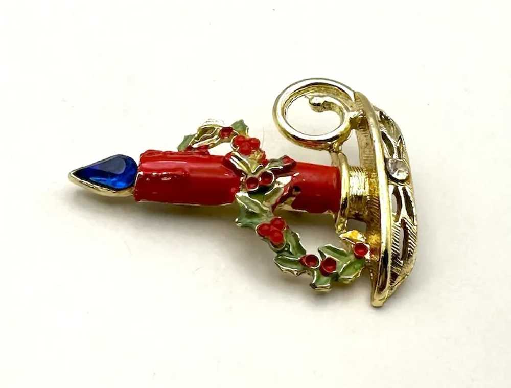 Red and Goldtone Christmas Candle Brooch with Pre… - image 5