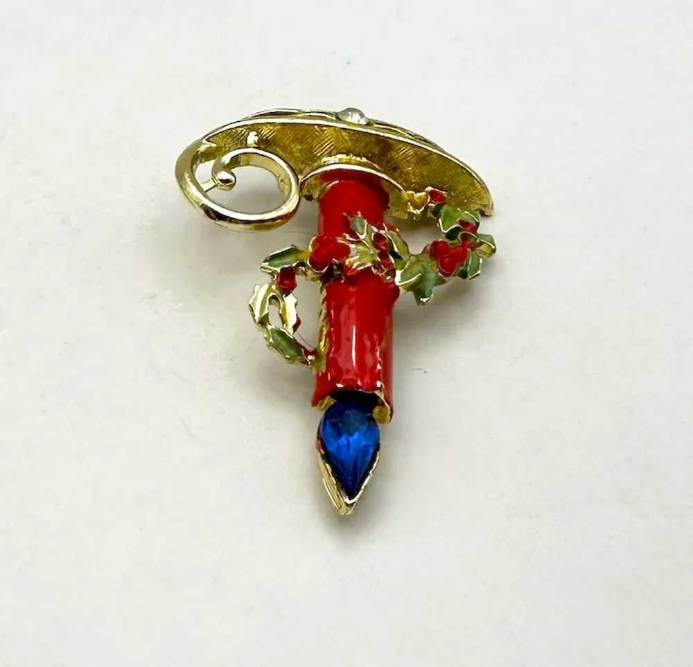 Red and Goldtone Christmas Candle Brooch with Pre… - image 6