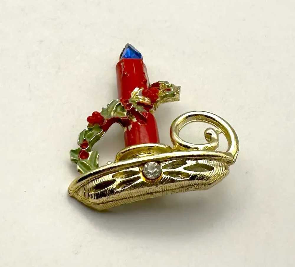 Red and Goldtone Christmas Candle Brooch with Pre… - image 7