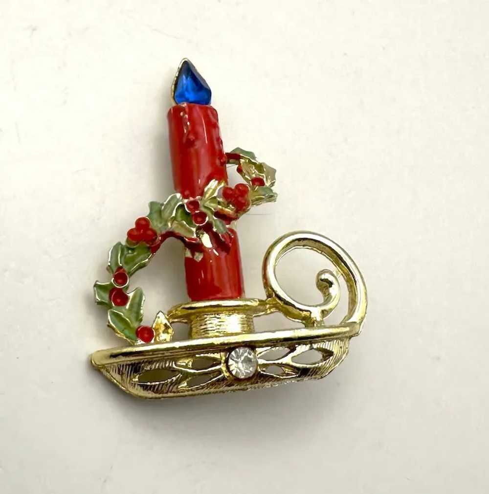 Red and Goldtone Christmas Candle Brooch with Pre… - image 8