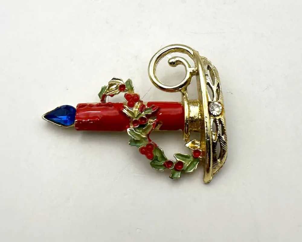 Red and Goldtone Christmas Candle Brooch with Pre… - image 9