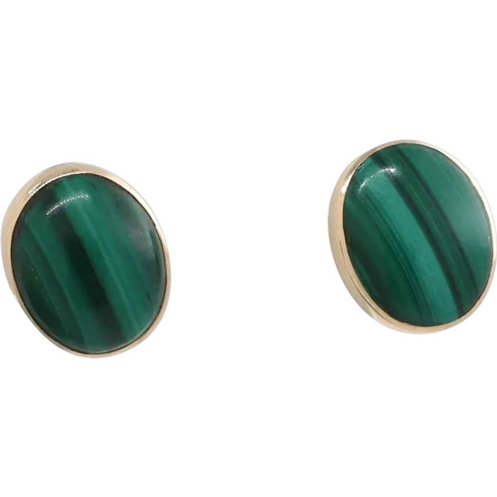 Malachite Gemstone Oval Stud Earrings 14K Yellow … - image 1