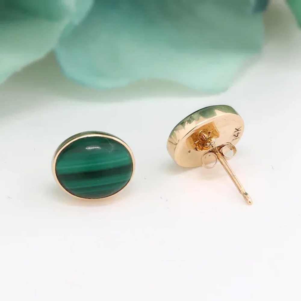 Malachite Gemstone Oval Stud Earrings 14K Yellow … - image 3