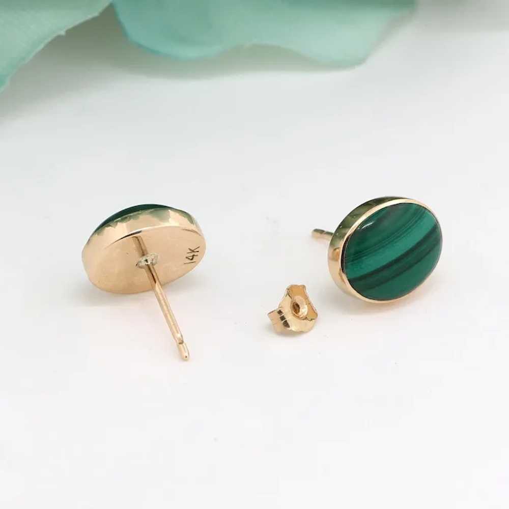 Malachite Gemstone Oval Stud Earrings 14K Yellow … - image 4