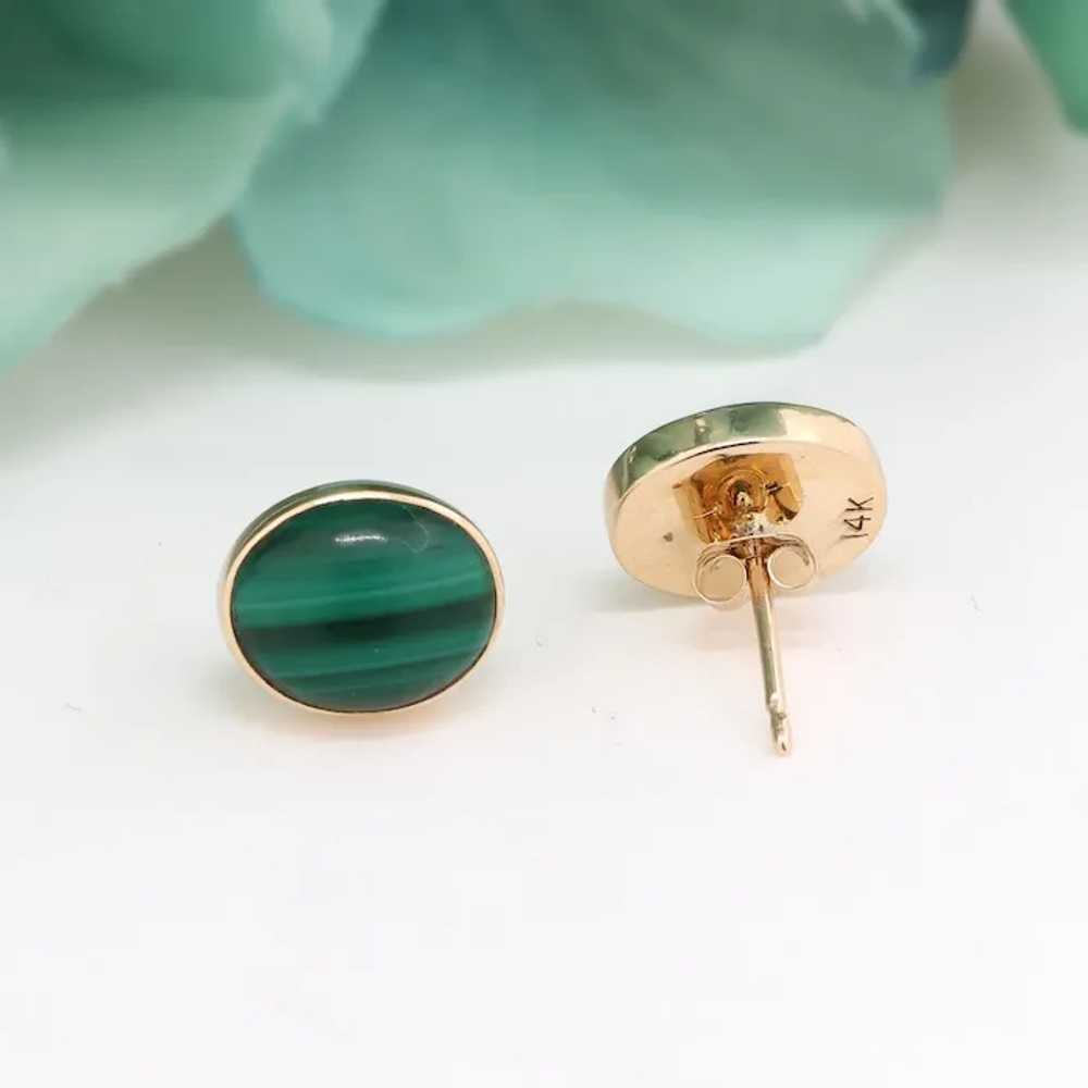 Malachite Gemstone Oval Stud Earrings 14K Yellow … - image 5