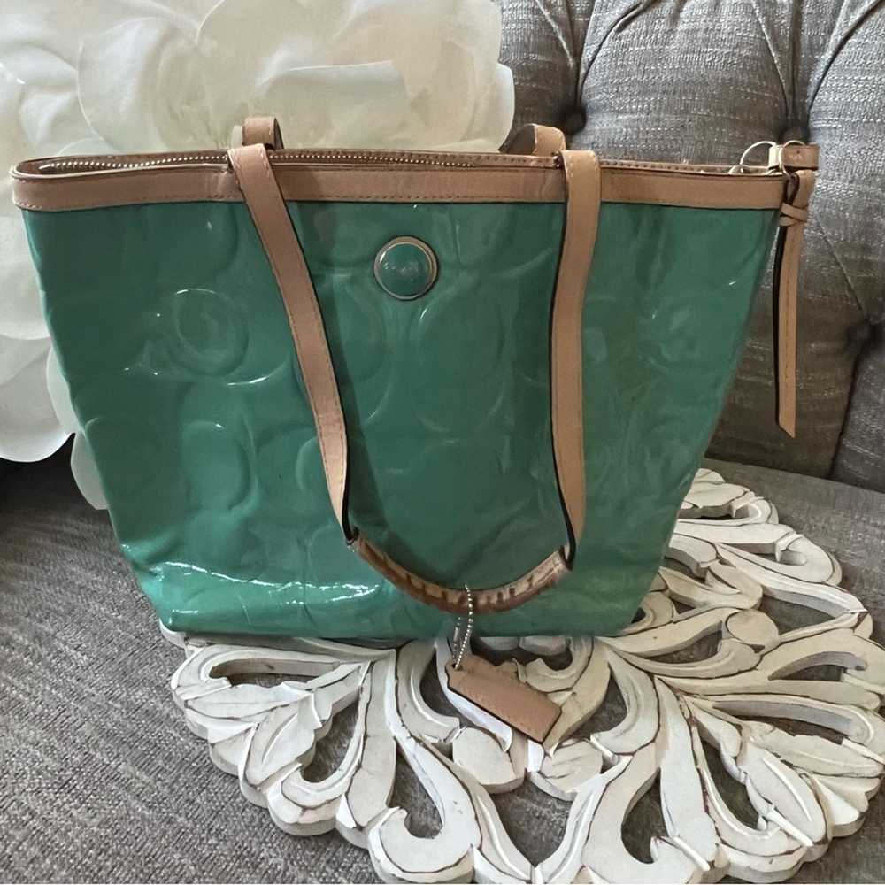 Coach Teal Patent Leather Tote Purse Bag - image 2