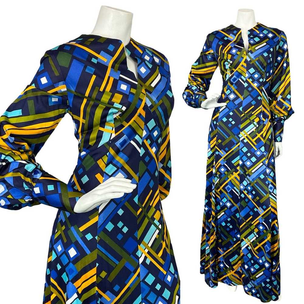 VTG 60S 70S BLUE YELLOW GEOMETRIC BISHOP SLEEVE S… - image 1