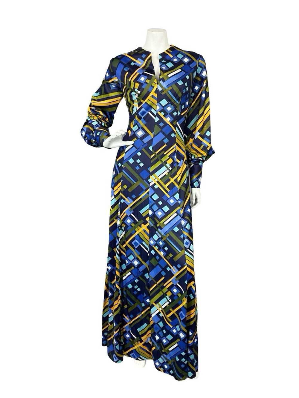 VTG 60S 70S BLUE YELLOW GEOMETRIC BISHOP SLEEVE S… - image 2