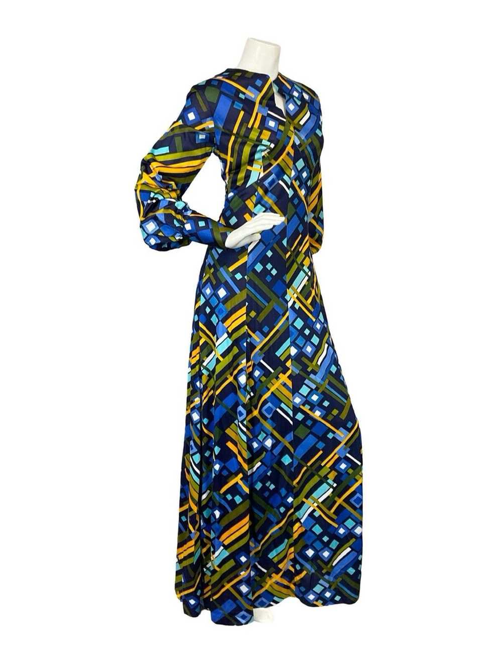 VTG 60S 70S BLUE YELLOW GEOMETRIC BISHOP SLEEVE S… - image 5