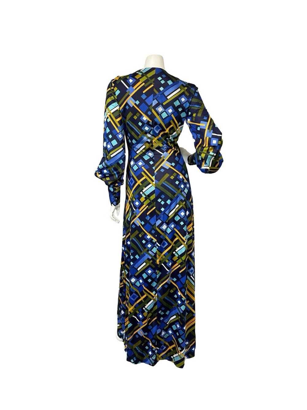 VTG 60S 70S BLUE YELLOW GEOMETRIC BISHOP SLEEVE S… - image 7