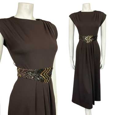 VTG 60S 70S BROWN GOLD SEQUIN BAND PLEATED TUNIC … - image 1