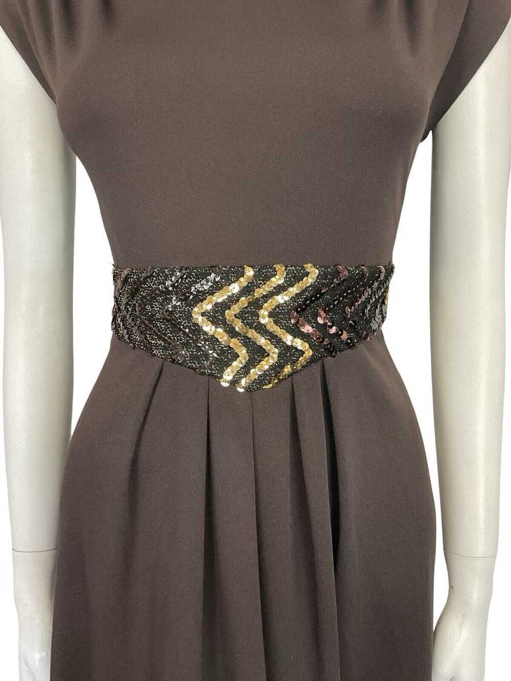 VTG 60S 70S BROWN GOLD SEQUIN BAND PLEATED TUNIC … - image 5