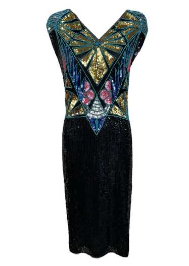 80s Silk Beaded and Sequined Plus Size V-Neck Dres