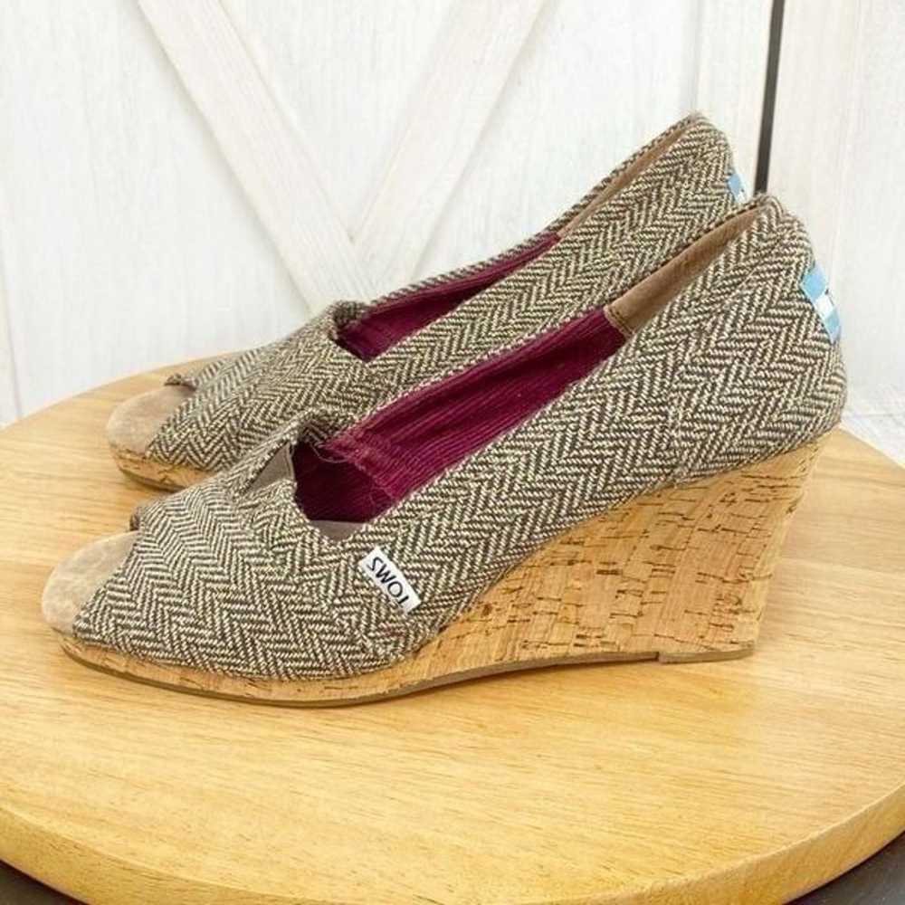 Toms Herringbone Tweed Peep Toe Cork Wedge Heels … - image 1