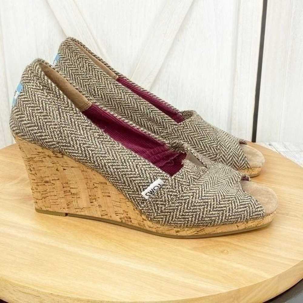 Toms Herringbone Tweed Peep Toe Cork Wedge Heels … - image 2