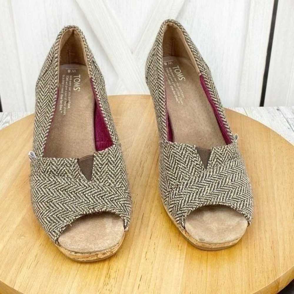 Toms Herringbone Tweed Peep Toe Cork Wedge Heels … - image 3