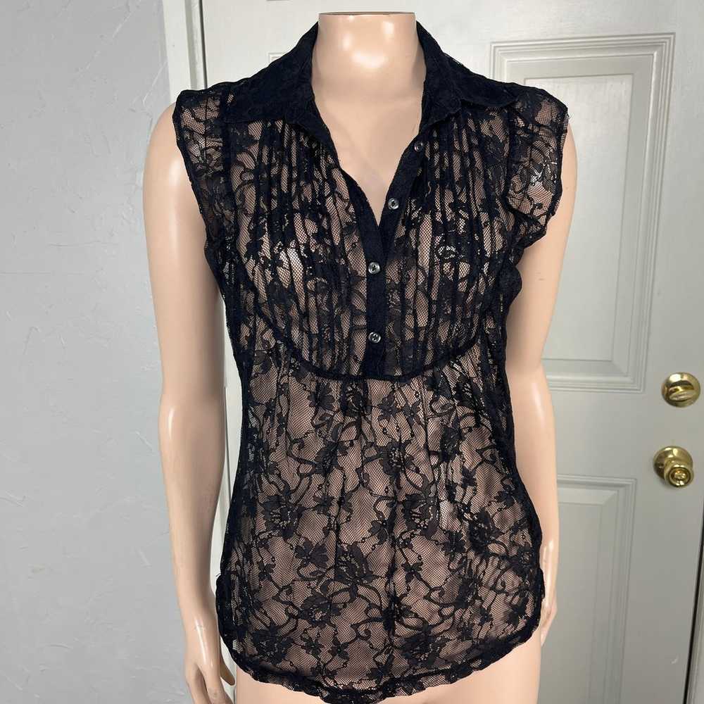 Vintage y2K Express Sheer Lace Shirt S Button Flo… - image 1