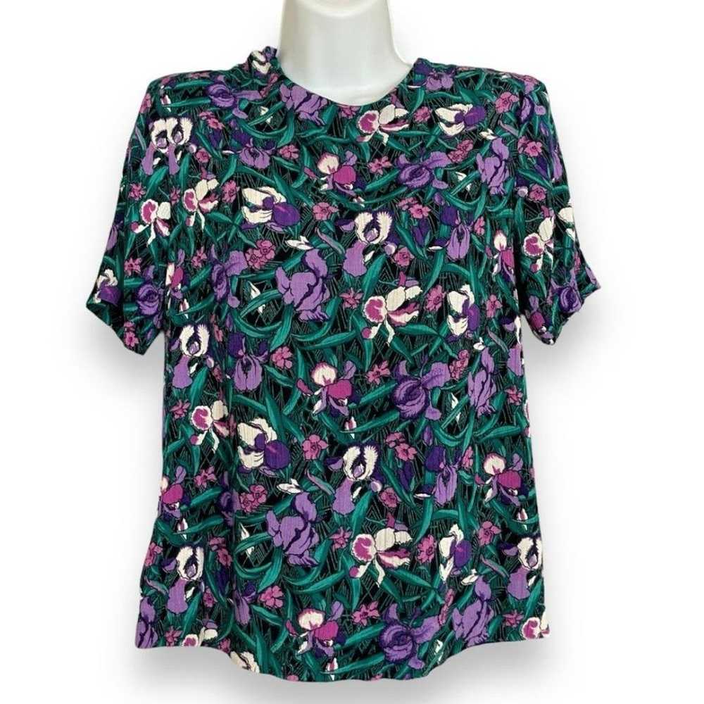 Vintage Floral Blouse Short Sleeve Crinkly Top Pe… - image 1