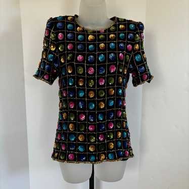 Vtg Leslie Fay Beaded Top Sz M 100% Silk Sequins … - image 1