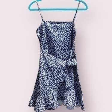 Rumor Ruffle Floral Wrap Mini Dress Navy Blue and… - image 1