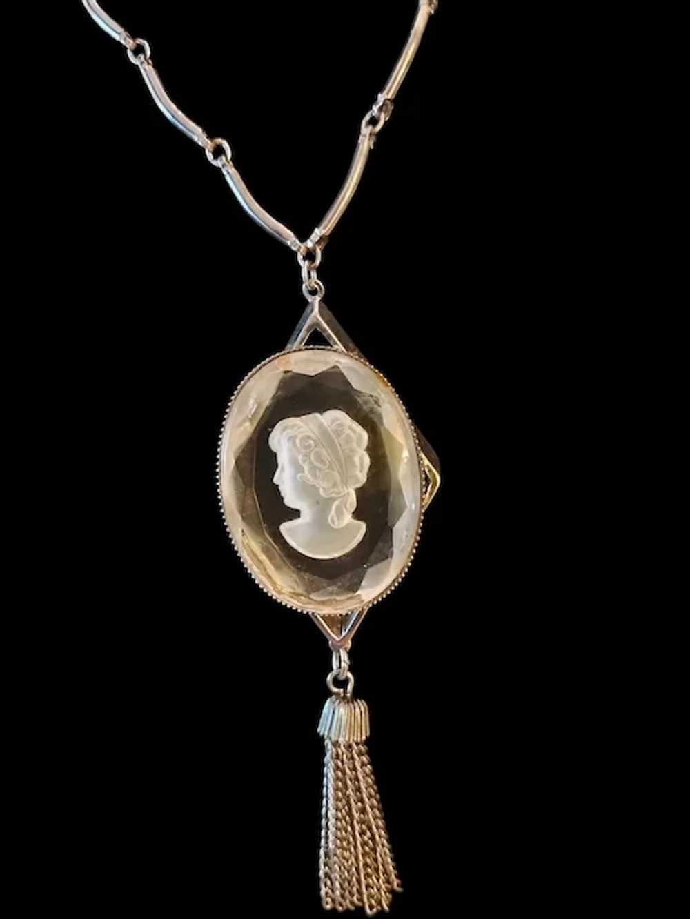 Vintage Clear Etched Lucite Cameo Tassel Pendant … - image 2