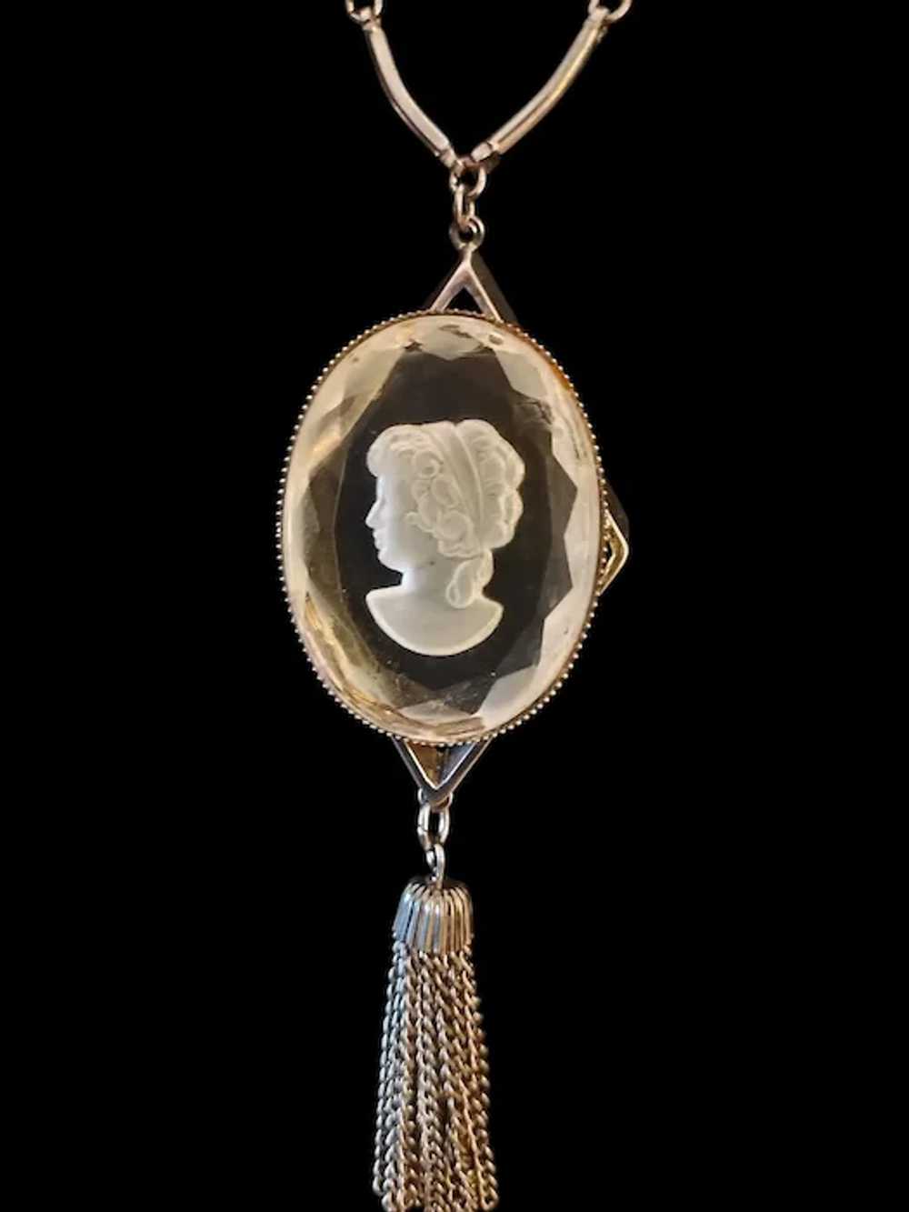 Vintage Clear Etched Lucite Cameo Tassel Pendant … - image 4