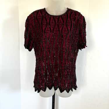 Large/ XL Dark red burgandy high quality wine beaded top , vintage beaded top , black glass beaded top