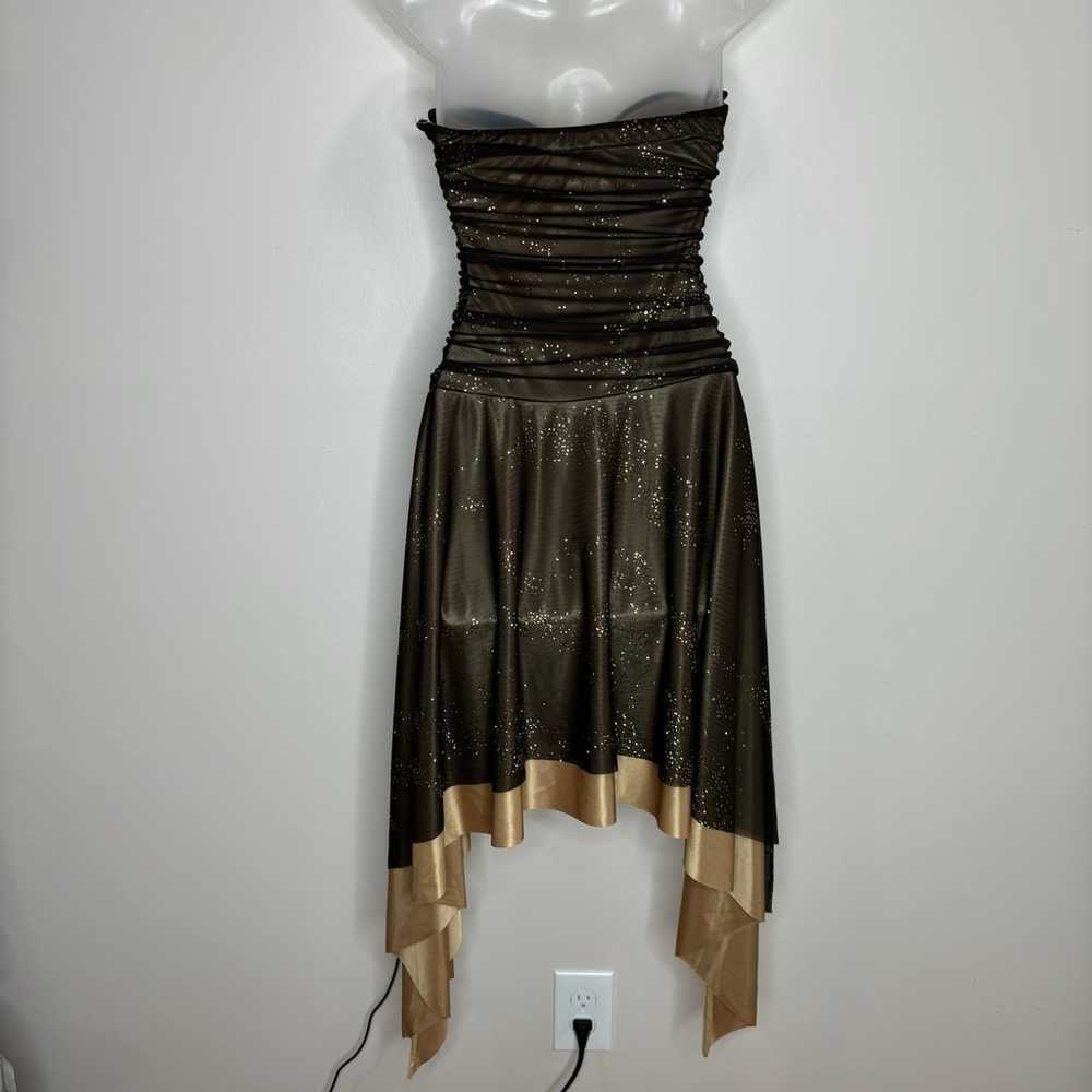 Y2K Vintage Dress Brown gold sparkly evening asym… - image 5