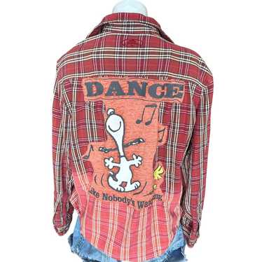 Snoopy Woodstock Dancing Plaid Flannel Shirt SMALL