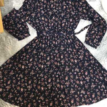 Navy Floral Long Sleeve Knee-Length Dress - image 1