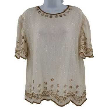 Vintage Cream Silk Top Hand Embellished in Gold B… - image 1