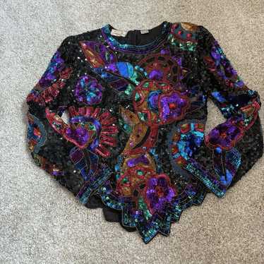 Vtg Sequin Silk Top Sz M Beaded Party Club Gala D… - image 1