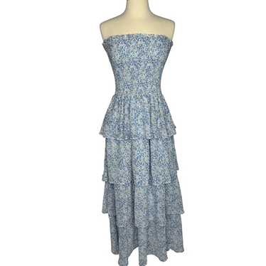 Strapless Tiered Ruffled Light Blue Floral Maxi Dr