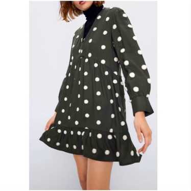 ZARA |  Olive Green & White Polka Dot Pom Pom Dres