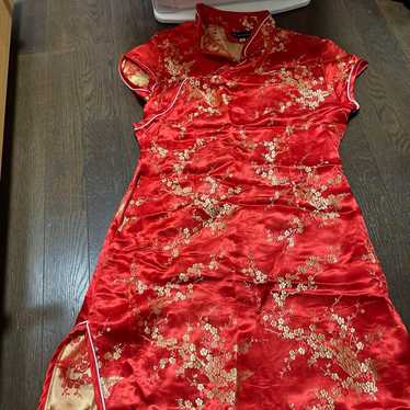 Red floral embroidered cheongsam dress. - image 1