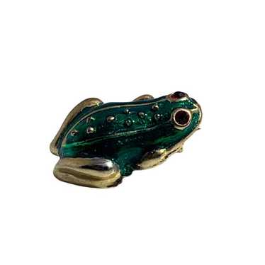 Vintage Frog Brooch Green Enamel and Rhinestone E… - image 1