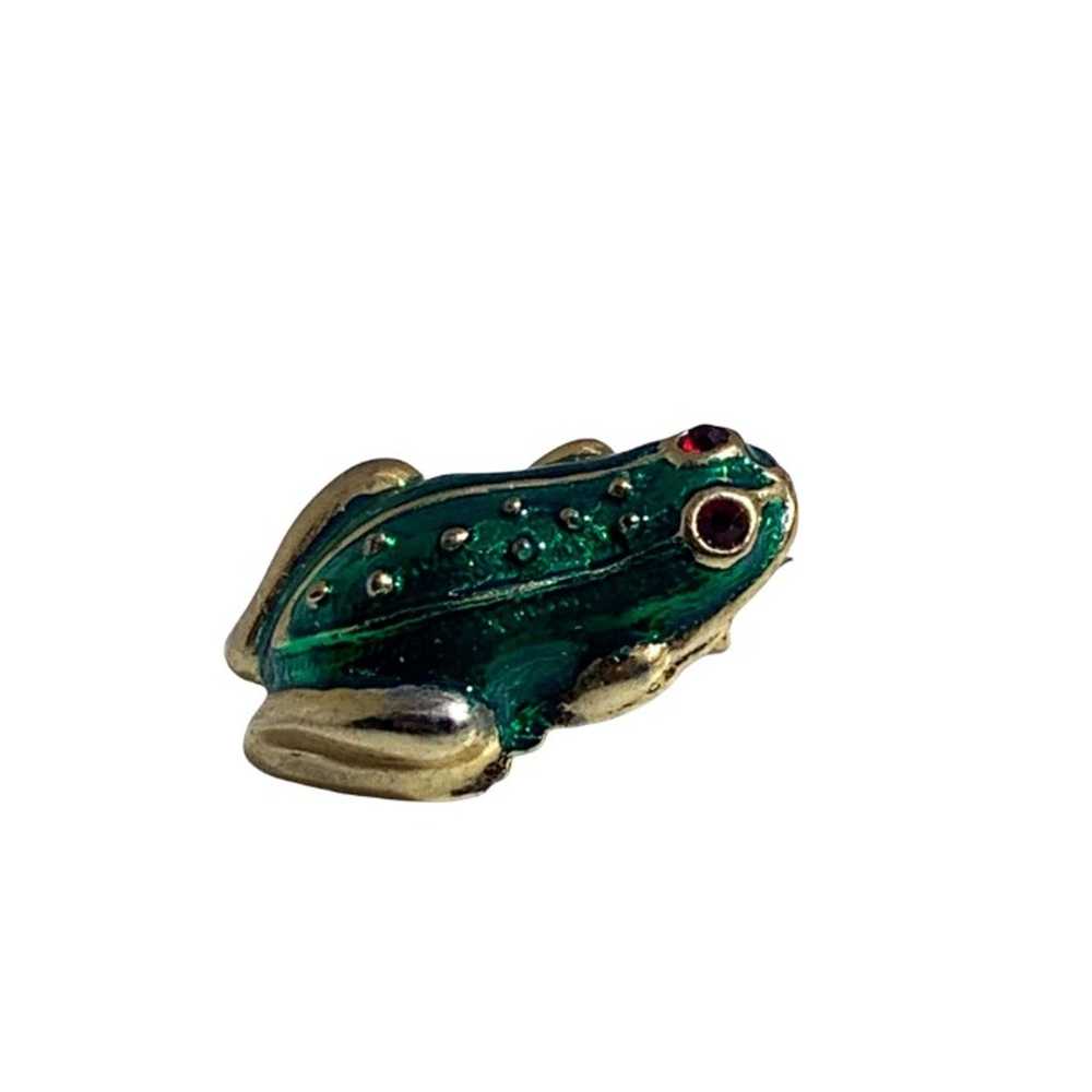 Vintage Frog Brooch Green Enamel and Rhinestone E… - image 2