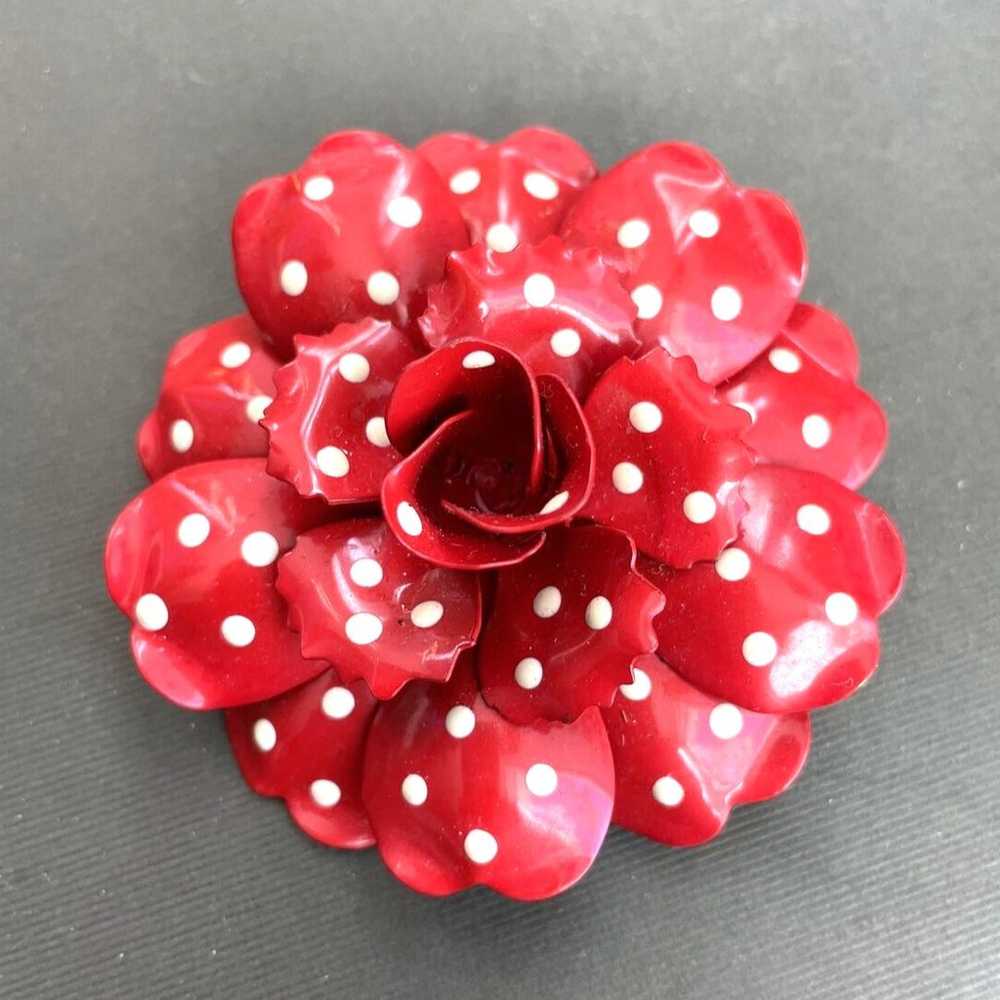 Red Polka Dot Enamel Flower Brooch Joan Rivers Ch… - image 1