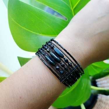 Vintage Black Beaded Cuff Bracelet - image 1