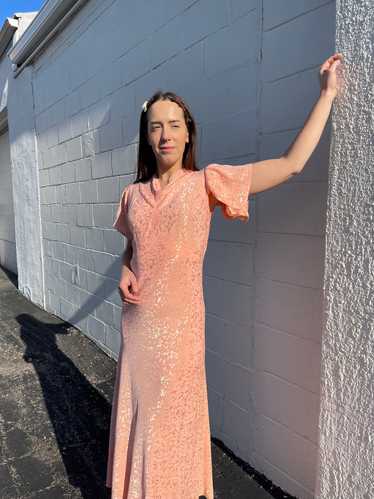 1930s Pink Satin Damask Bias Cut Gown