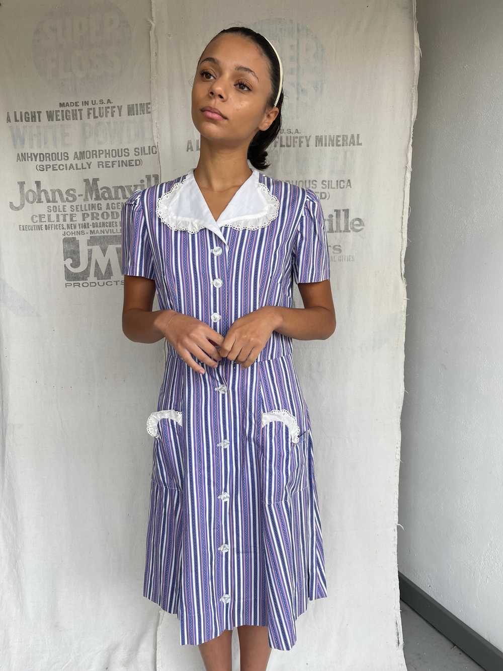 1940s Striped Cotton Dress - image 4