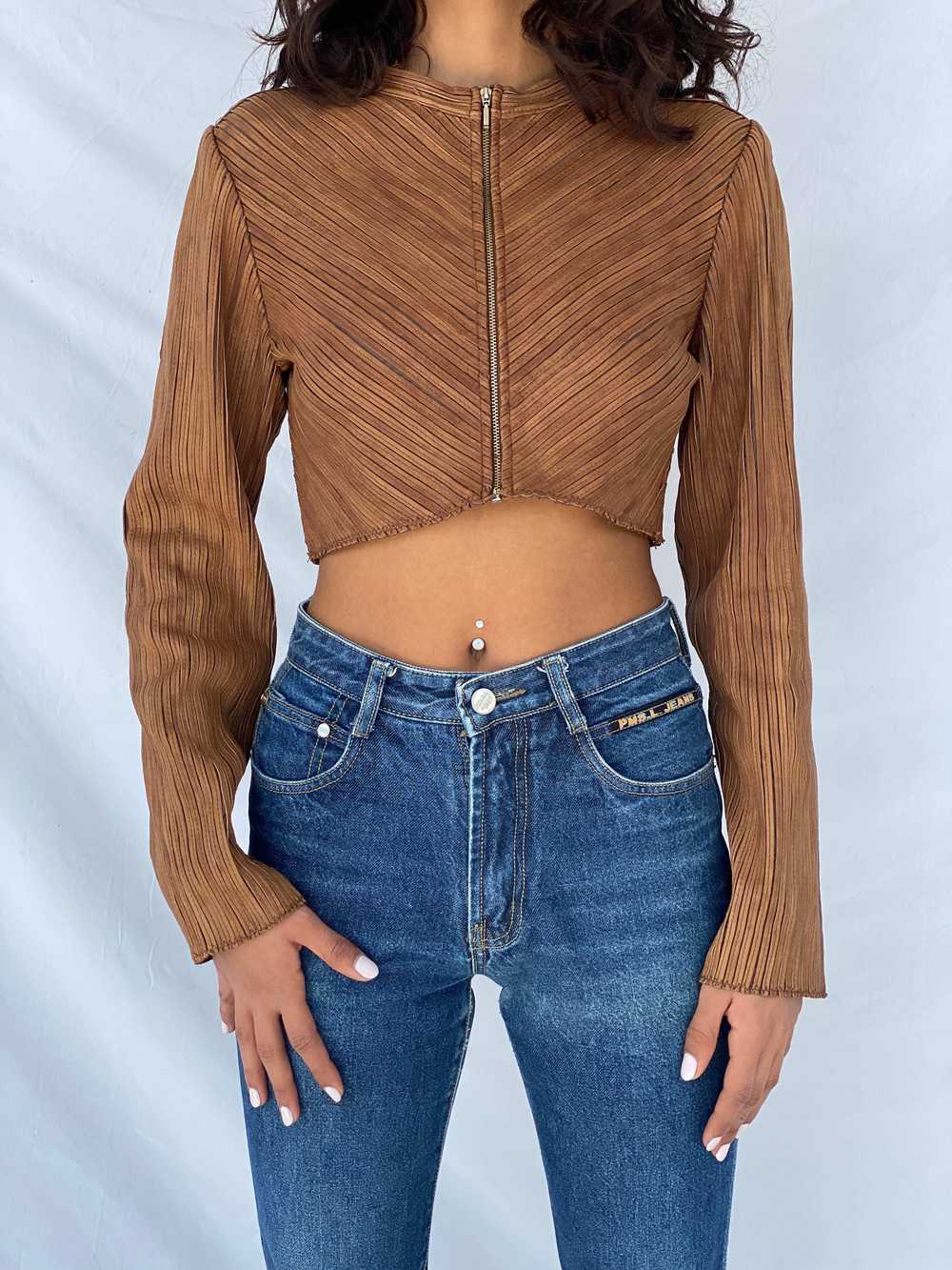 Vintage Brown Genuine Leather Zip Up Crop Top - S… - image 1