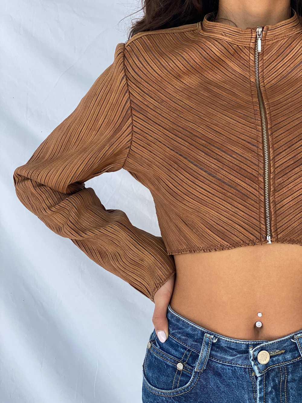 Vintage Brown Genuine Leather Zip Up Crop Top - S… - image 2