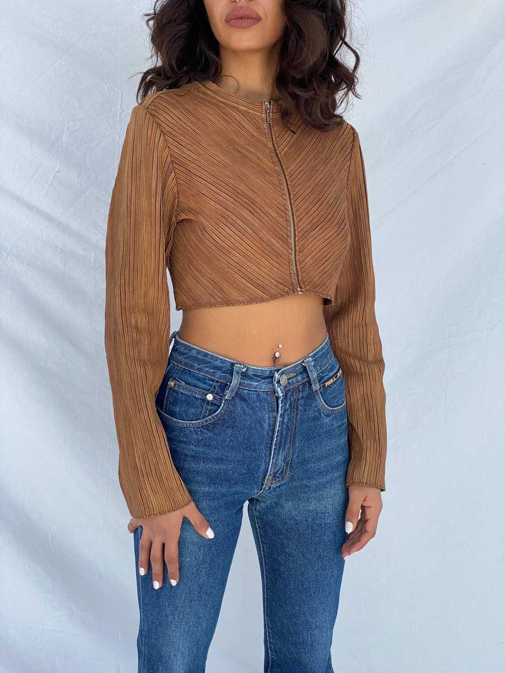 Vintage Brown Genuine Leather Zip Up Crop Top - S… - image 3